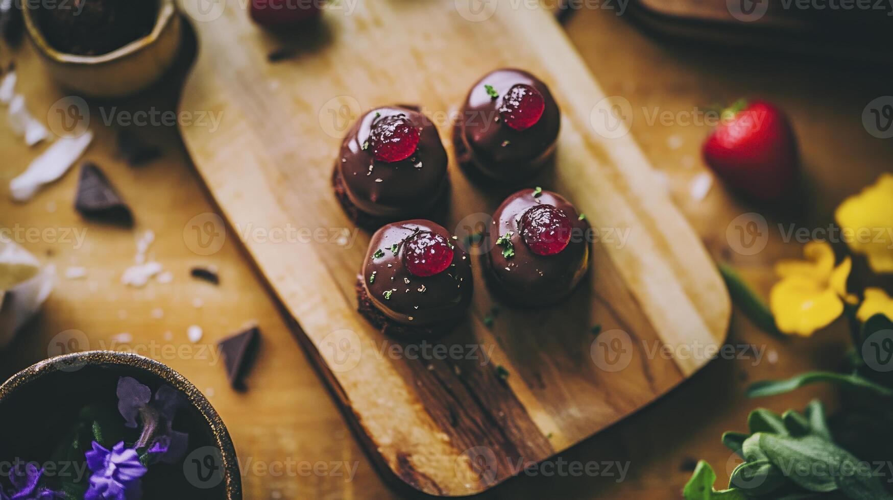 Chocolate covered strawberries on a wooden cutting board photo
