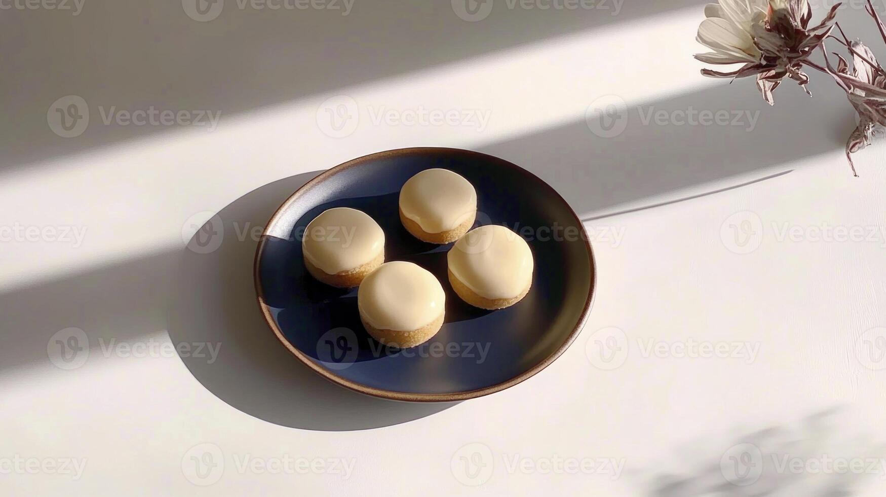 A plate with four eggs on it and a flower photo