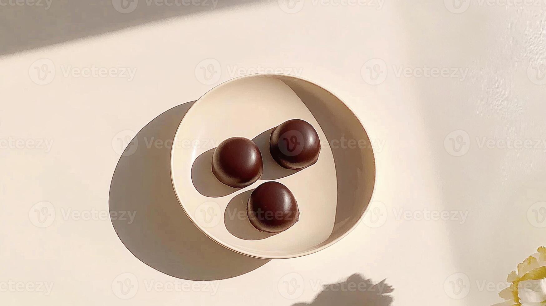 Three chocolate eggs sit on a white plate photo