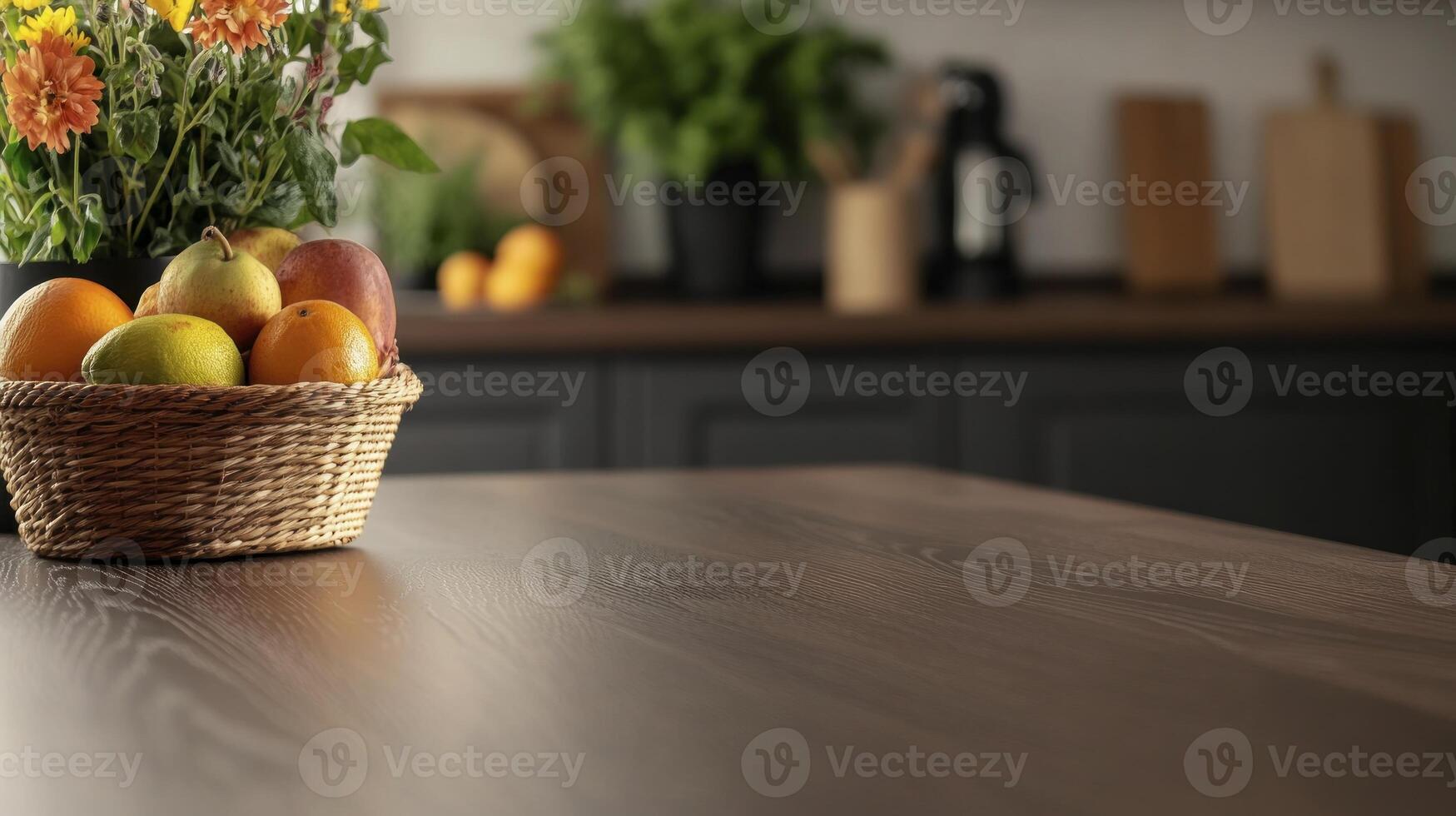 A basket of fruit on a kitchen counter photo