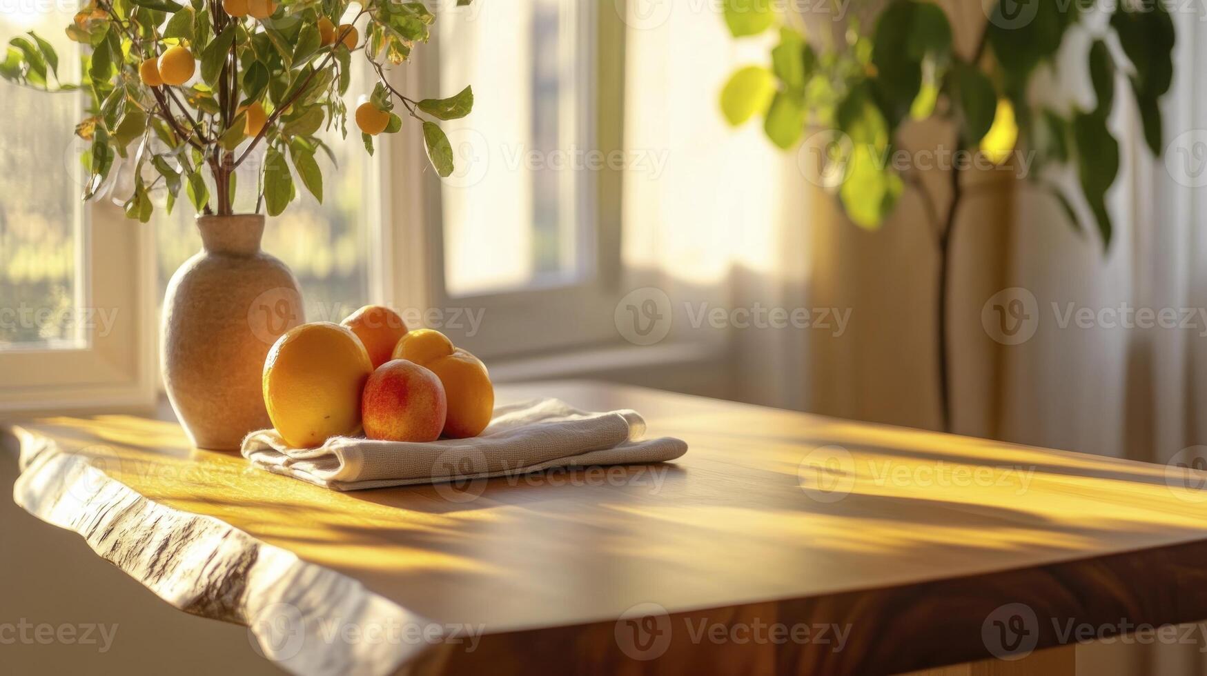 A table with fruit and a vase on it photo