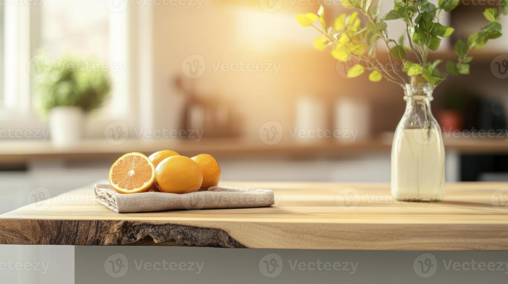 A wooden kitchen counter with oranges and a vase photo