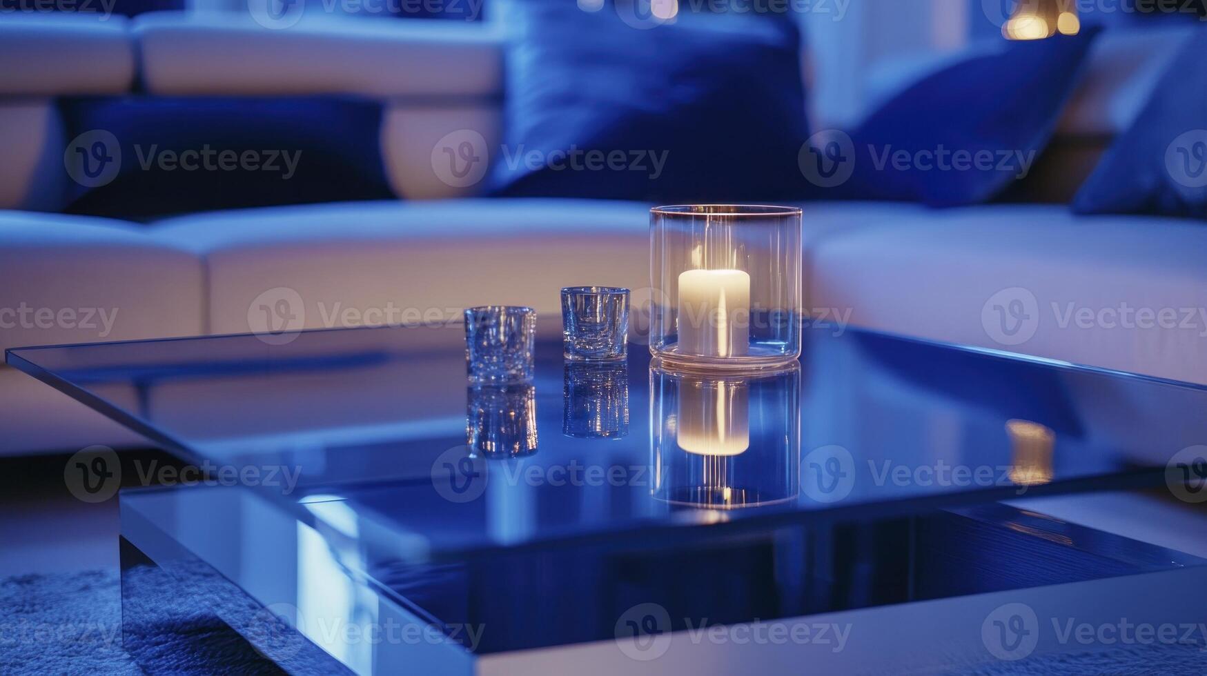 A glass table with a candle and a glass of water photo