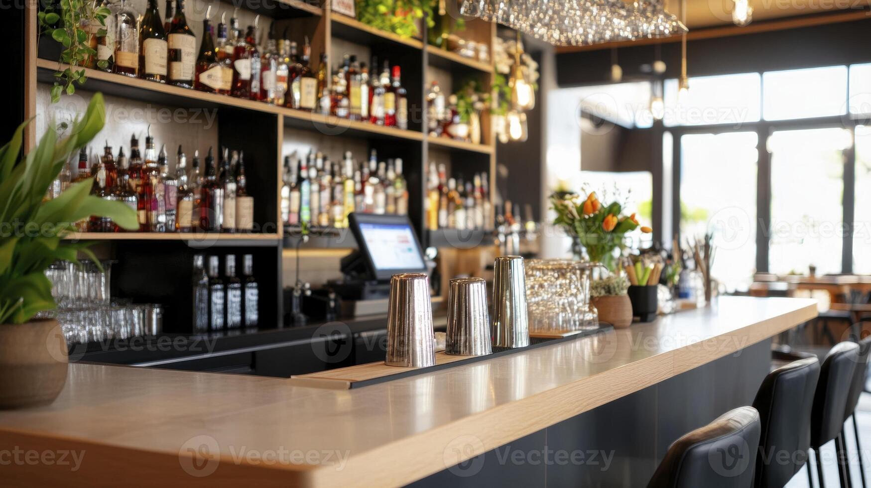 A bar with a long counter and a few chairs photo