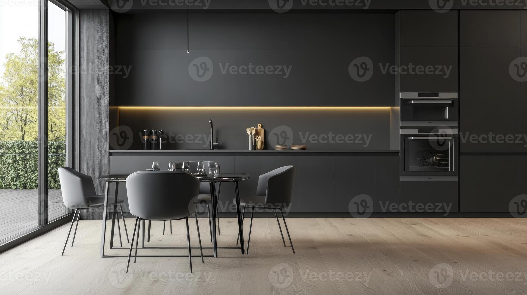 Modern kitchen with black cabinets and wooden floor photo
