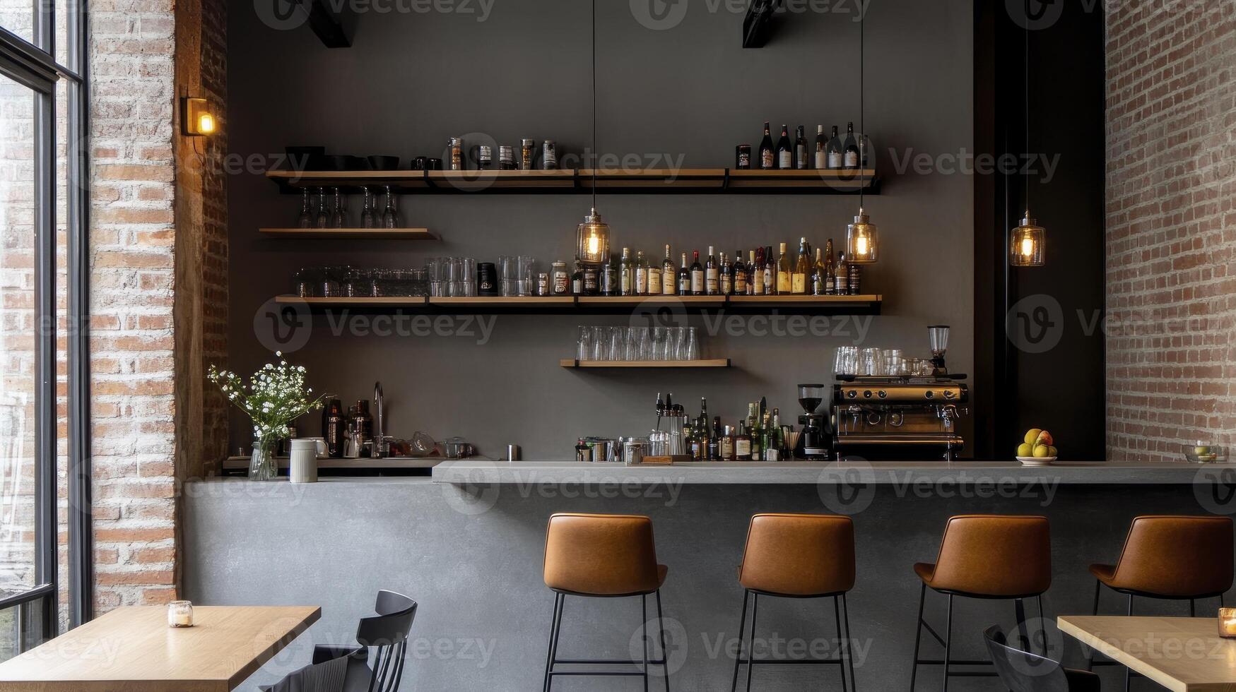A bar with a concrete counter and chairs photo