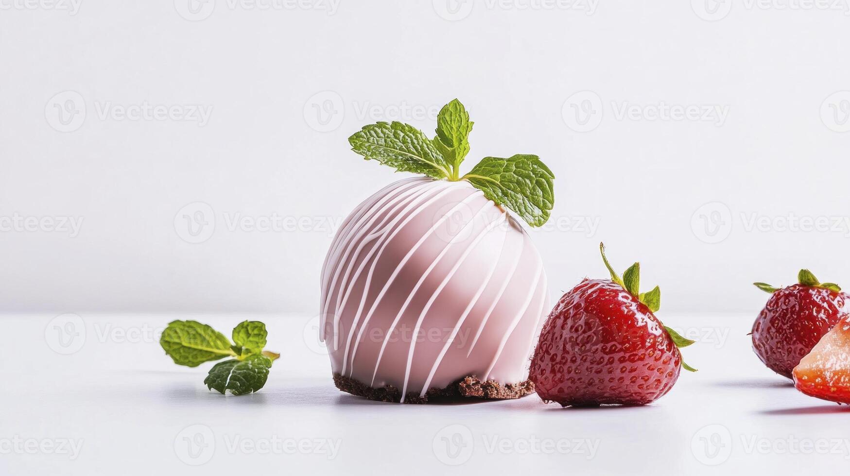 A strawberry and a chocolate covered egg on a white surface photo