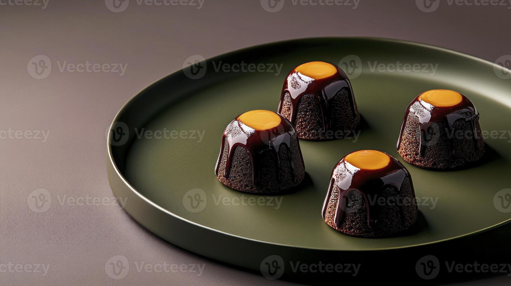Four chocolate covered desserts on a green plate photo