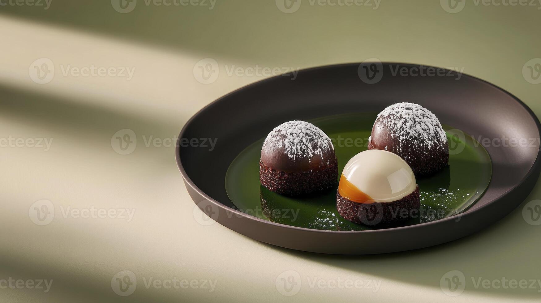 Three chocolate covered balls sit in a bowl photo