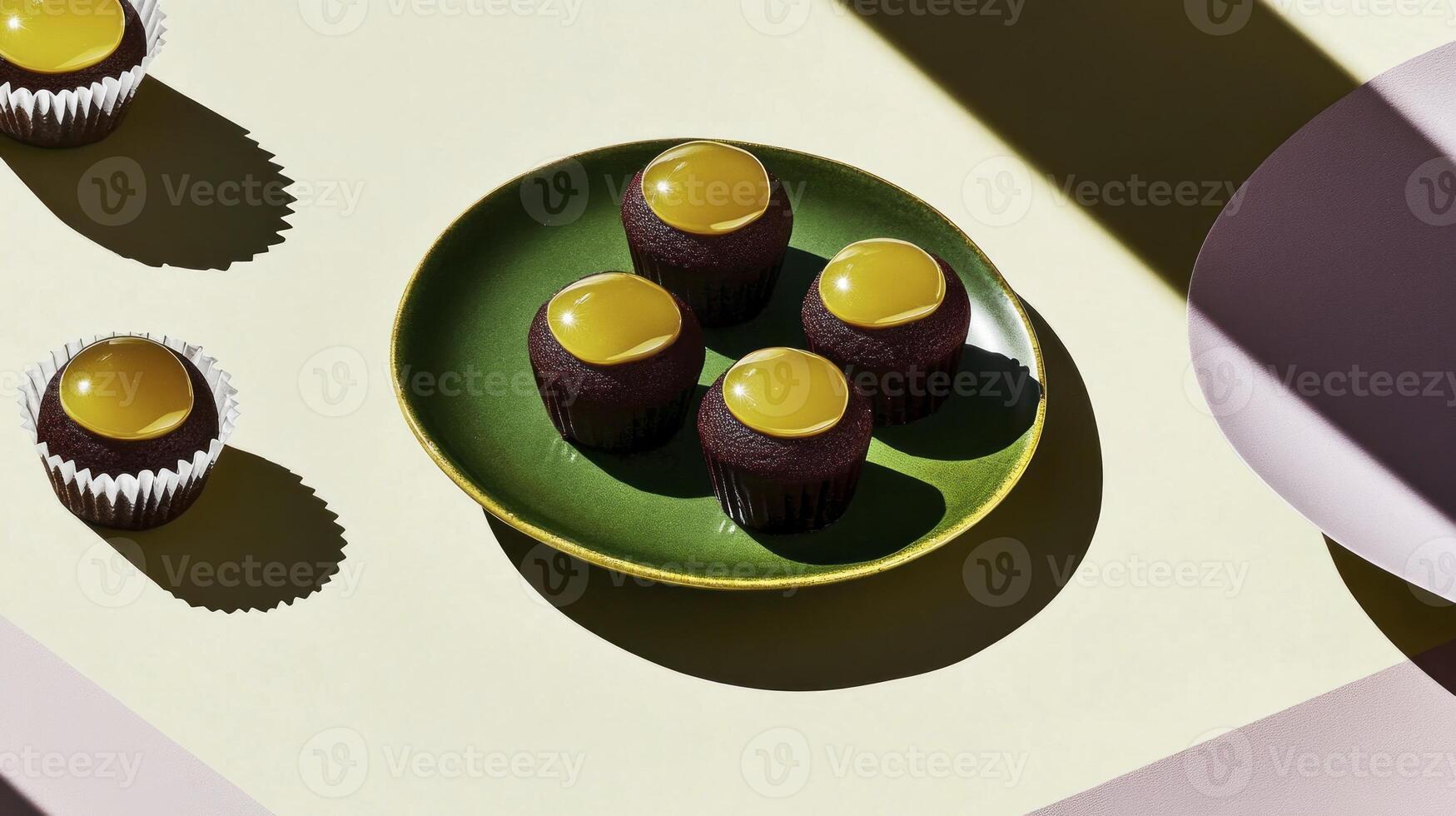 A plate with chocolate cupcakes and yellow eggs photo