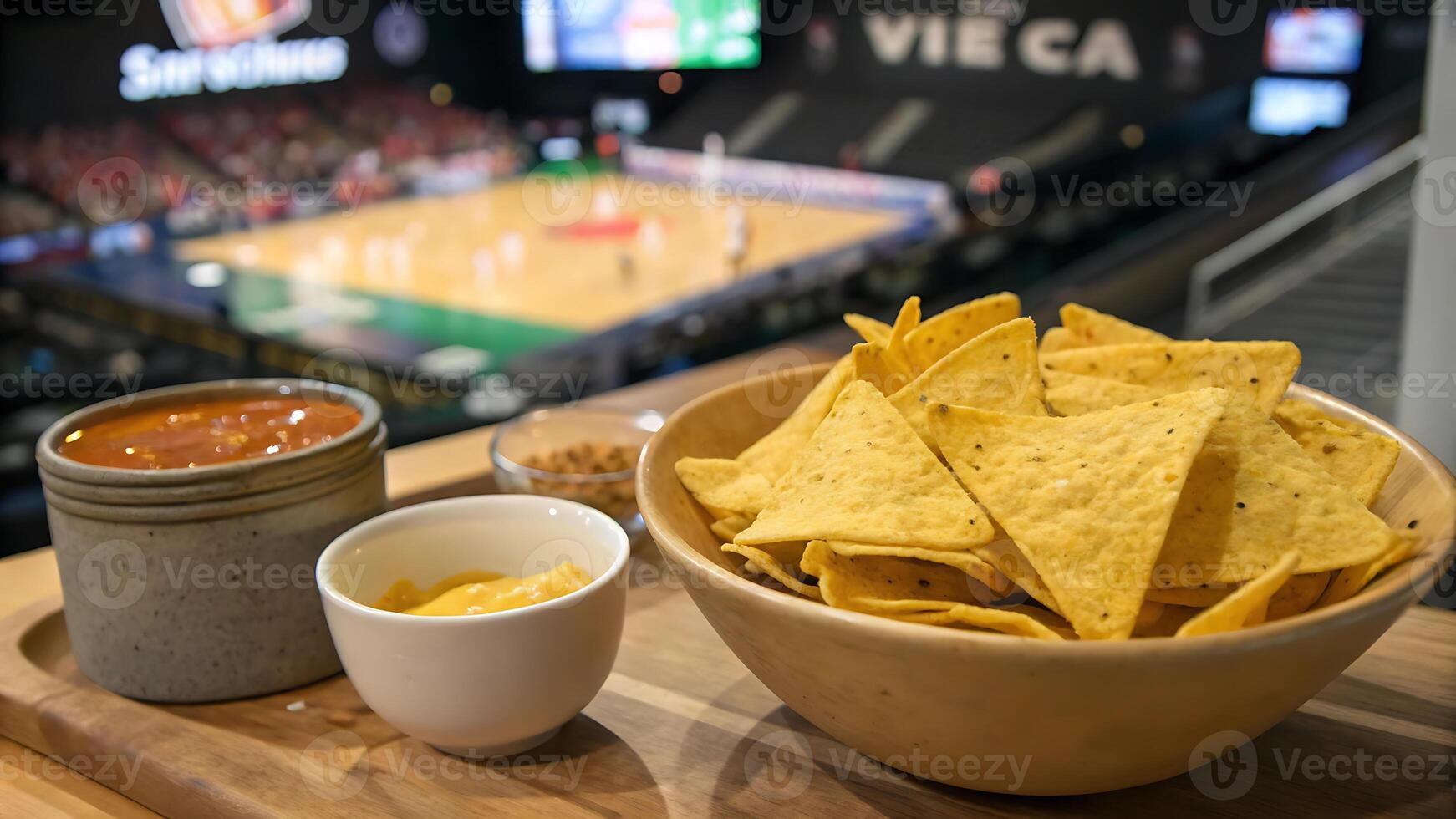 Snack time with triangular yellow corn chips and salsa at a sports game viewing photo