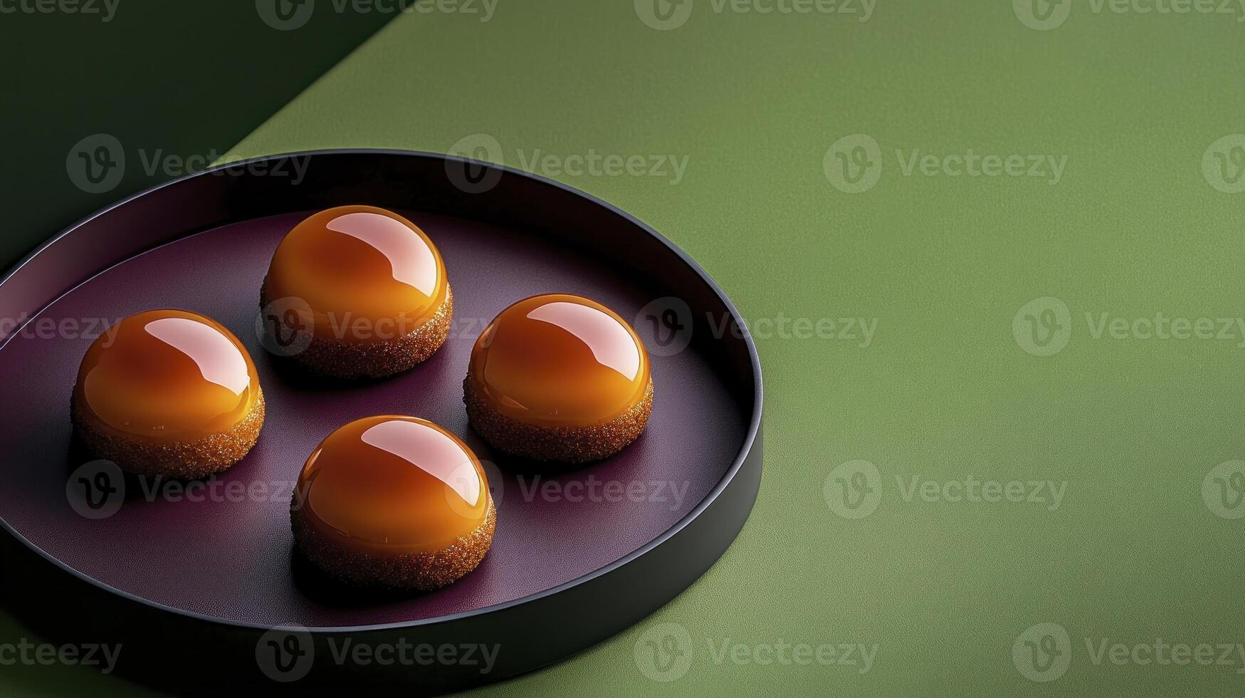 Four small cakes in a black bowl on a green surface photo
