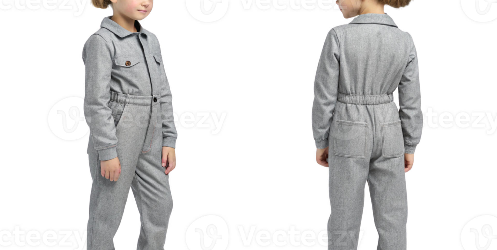 child wearing gray jumpsuit, showcasing front and back views, exuding playful vibe png