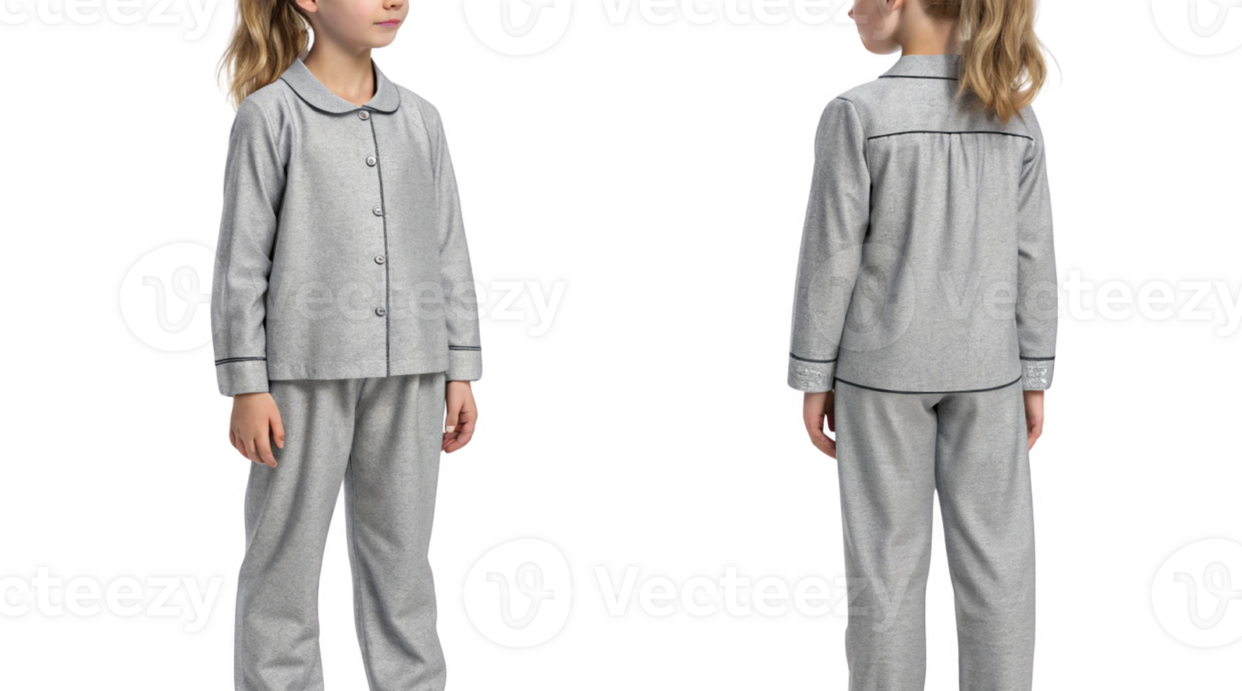 Cozy gray pajamas for girls, featuring button up top and matching pants. Perfect for bedtime comfort and relaxation png