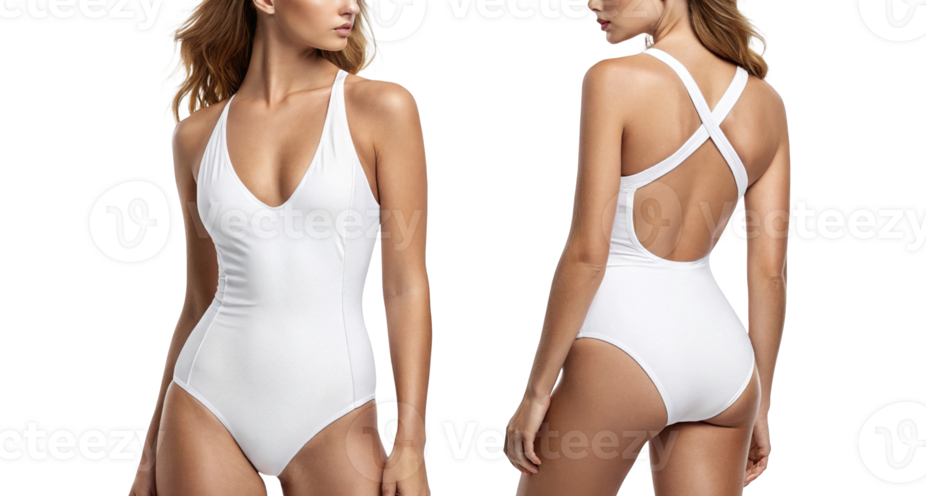 woman models stylish white swimsuit with deep V neck and crisscross back design, perfect for summer png