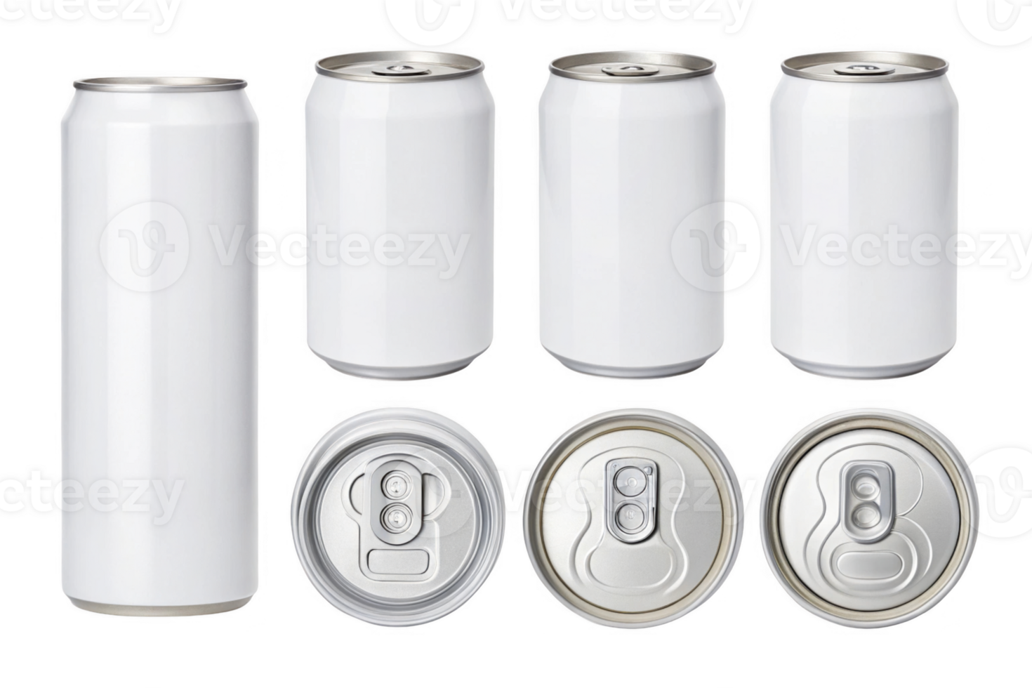 White aluminum beverage cans in various sizes and angles, showcasing their design and functionality png