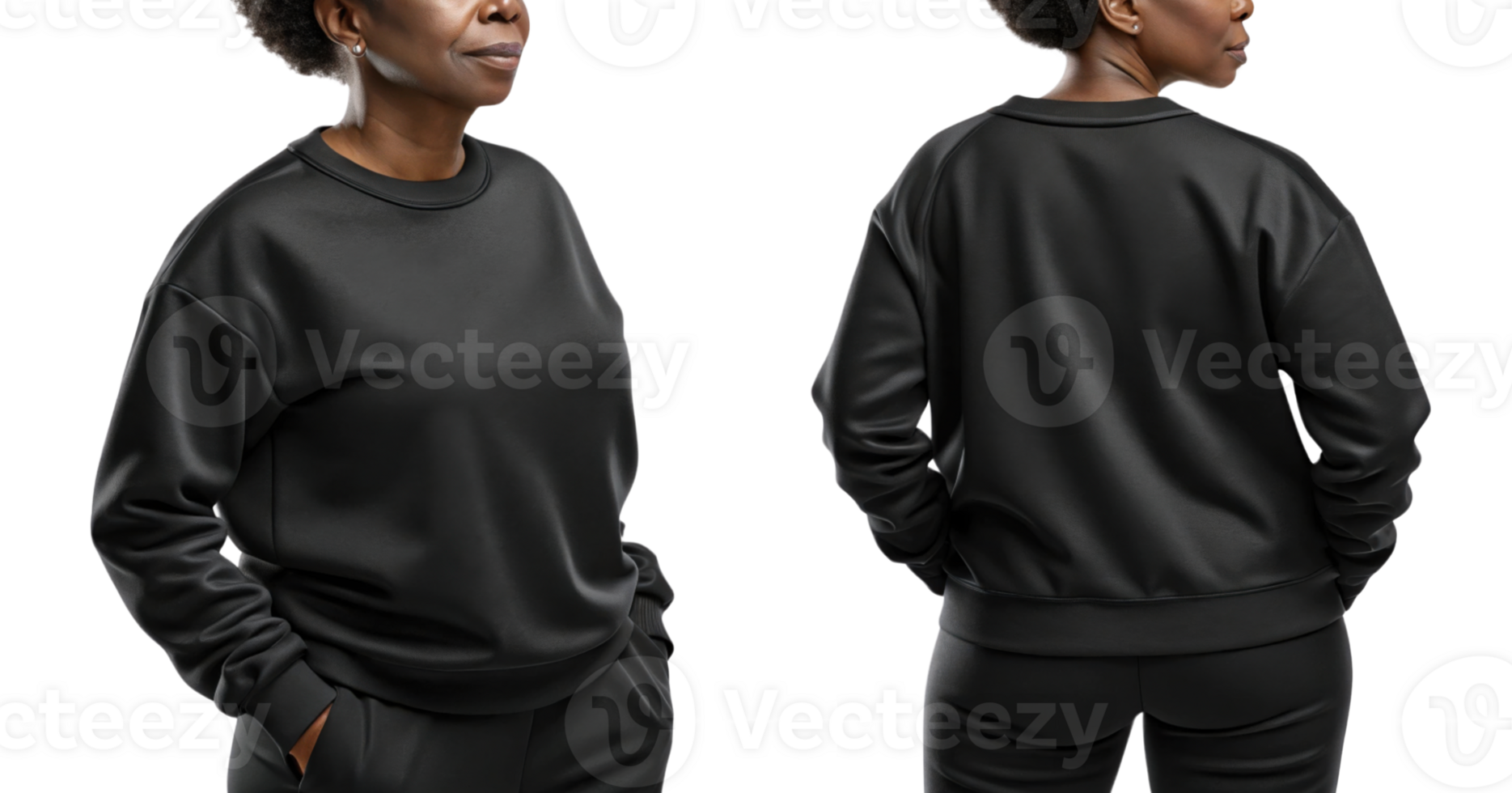 woman wearing black sweatshirt, showcasing casual style from front and back png