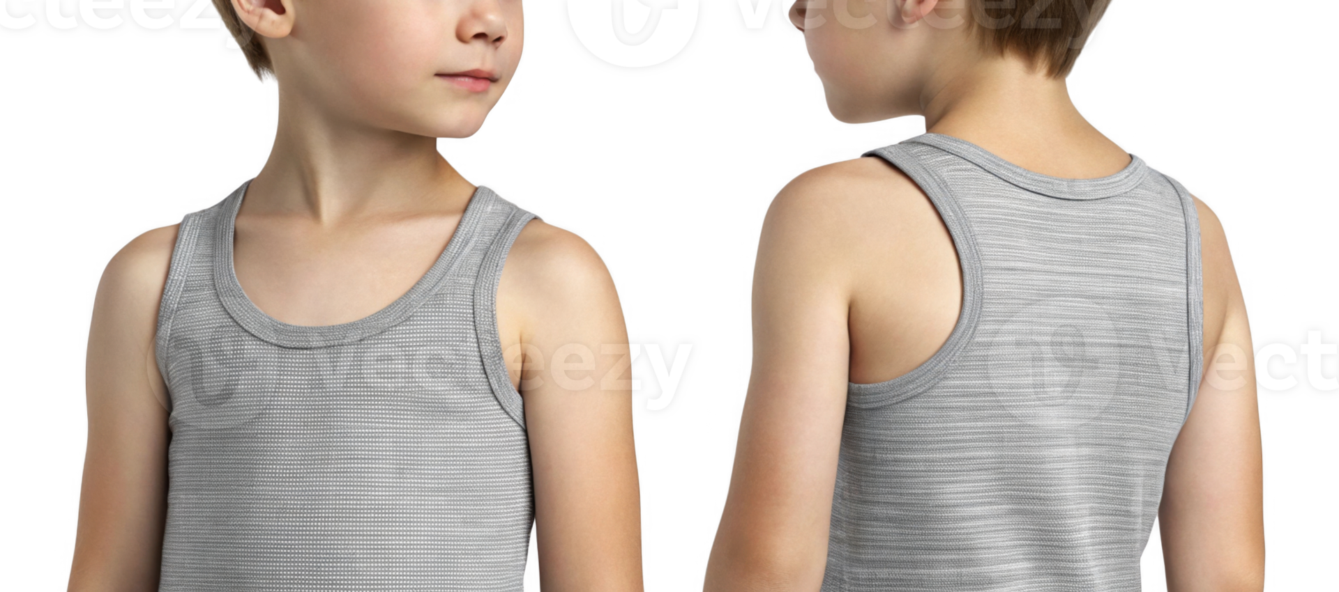 young boy wearing gray striped tank top, showcasing both front and back views png