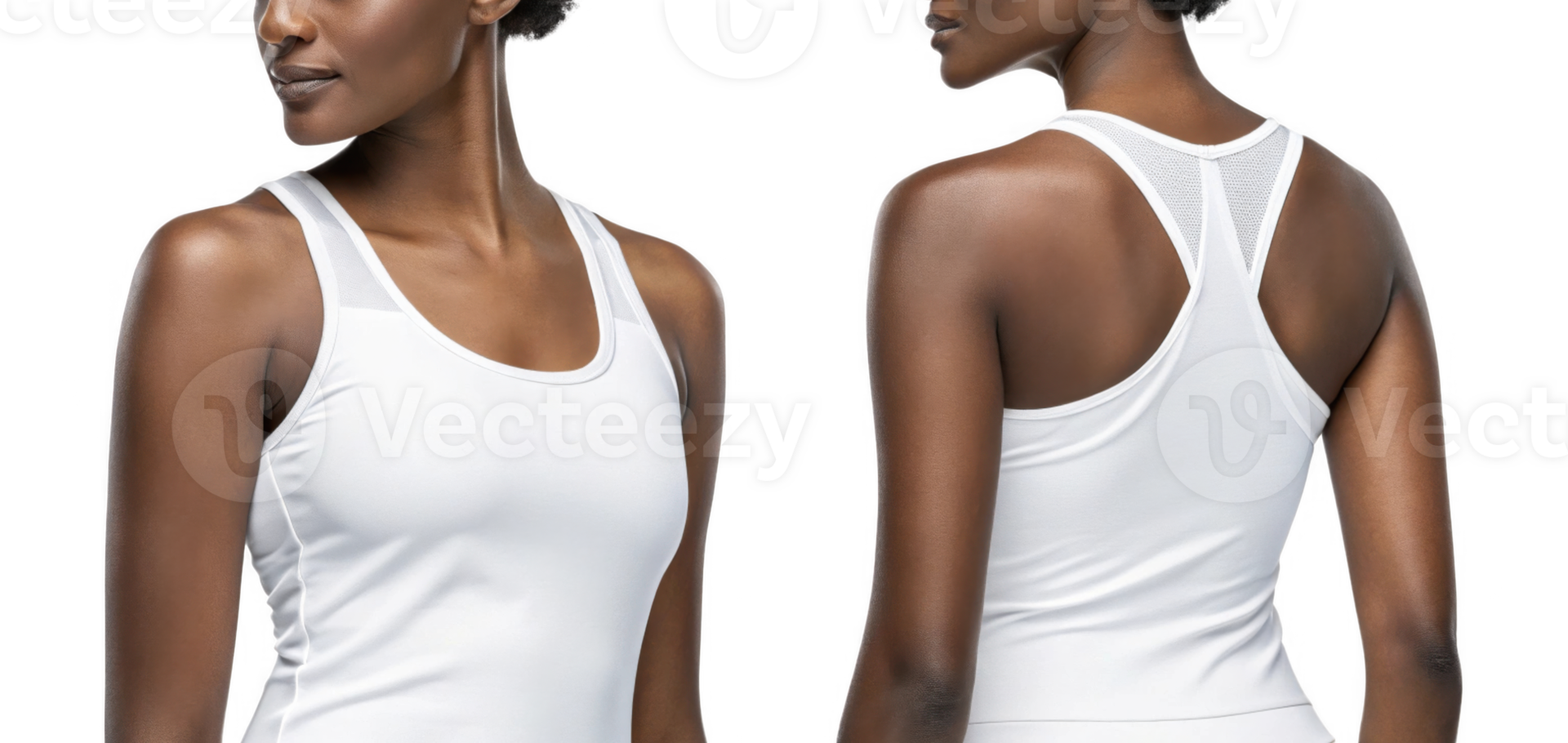This features woman wearing white athletic tank top, showcasing both front and back views. design emphasizes comfort and style png