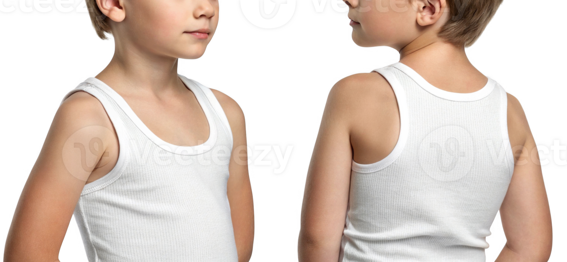 young boy wearing white tank top, showcasing front and back views, exuding confidence and simplicity png