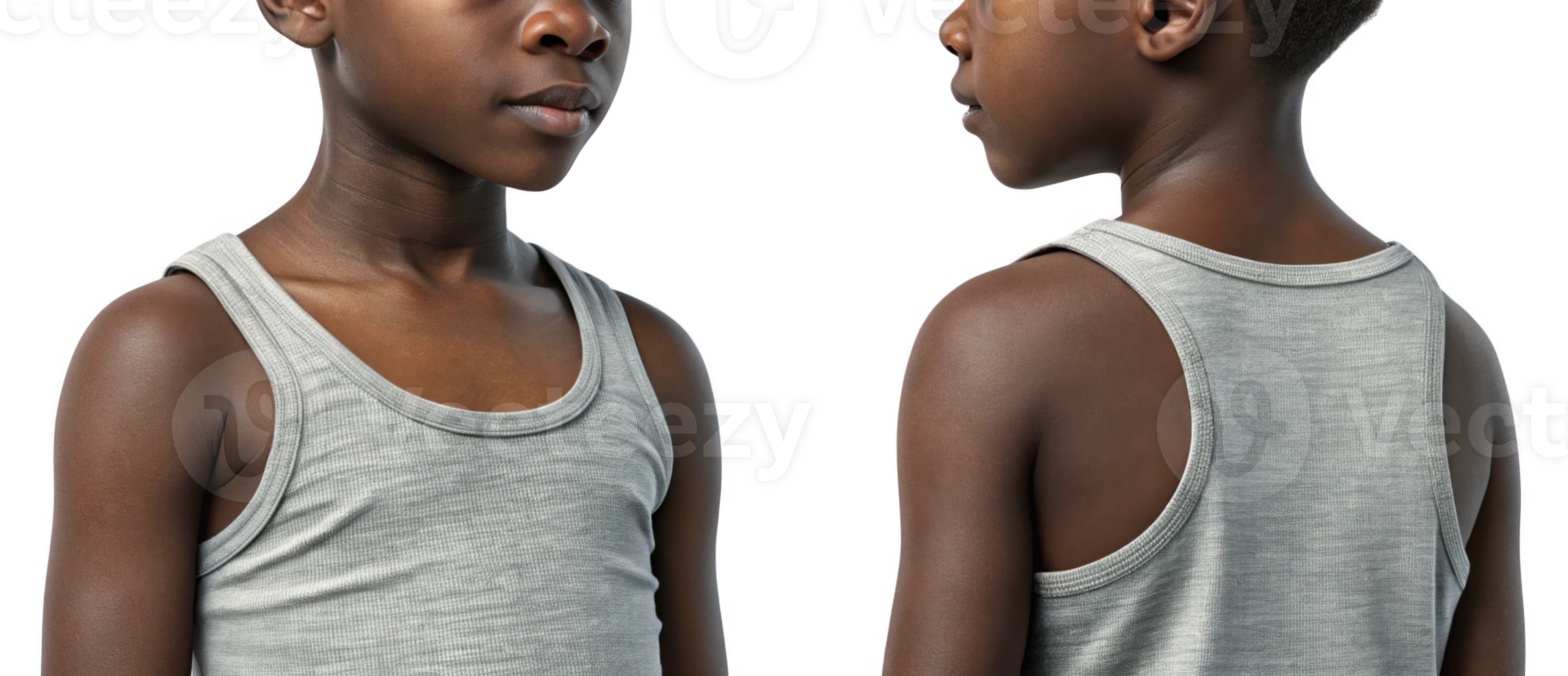 young boy in gray tank top, showcasing side profile and back view, exuding confidence and curiosity png