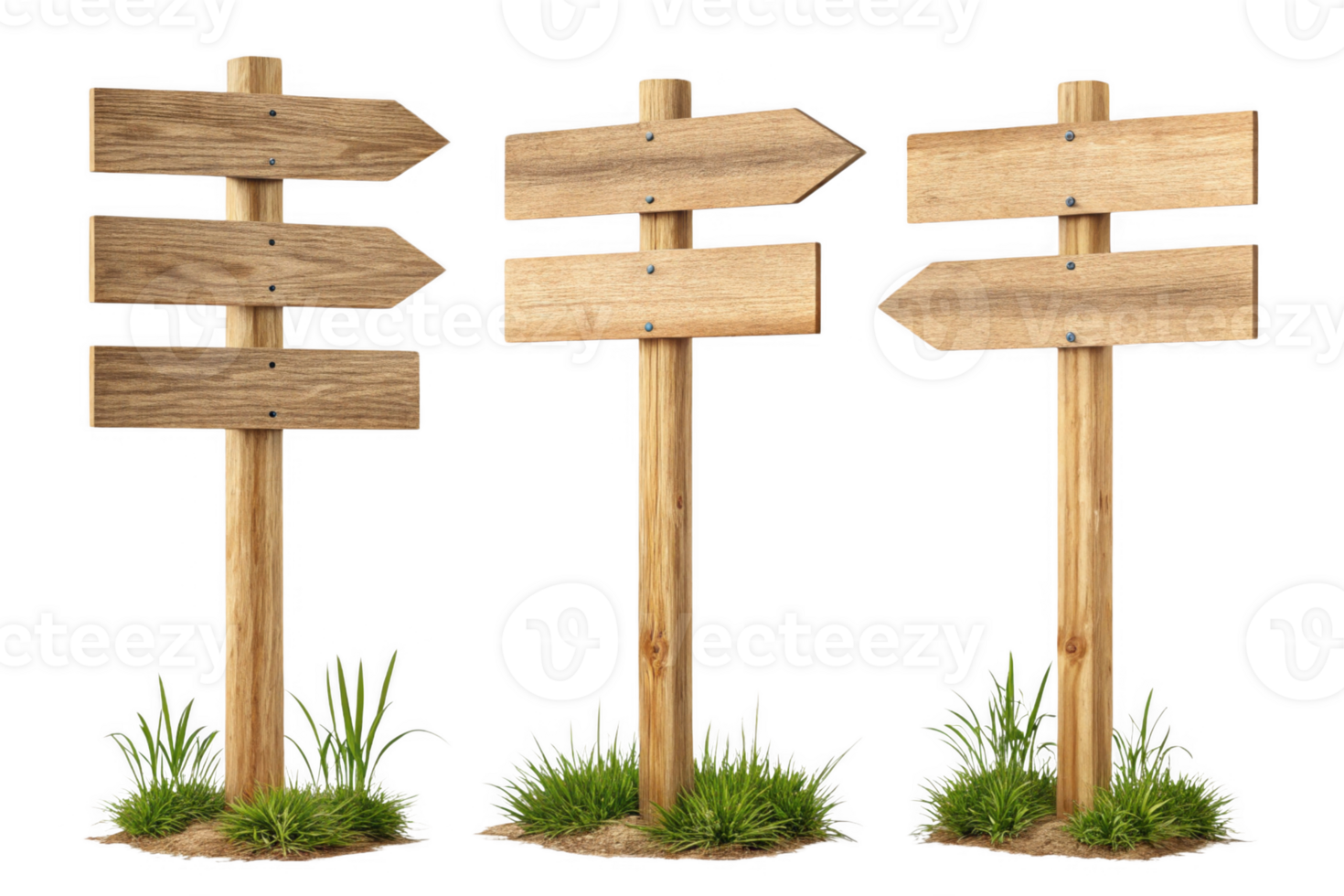 Wooden signposts with blank arrows on grassy base, ideal for directional guidance png