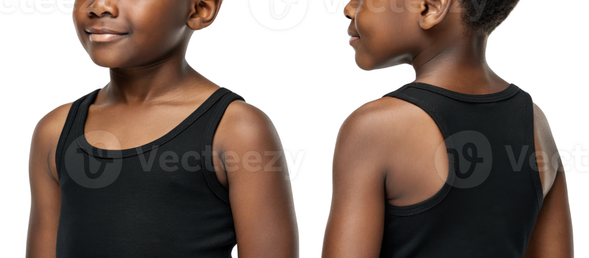 young boy wearing black tank top, showcasing side and front view, exuding confidence and joy png