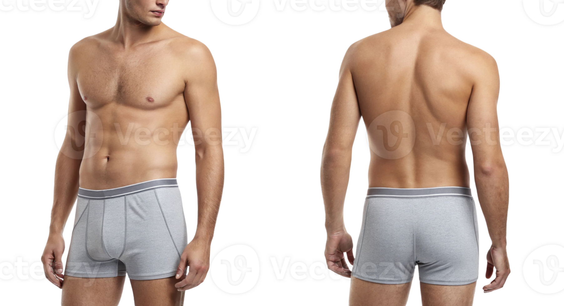Men gray boxer briefs displayed from front and back, showcasing fit and style png
