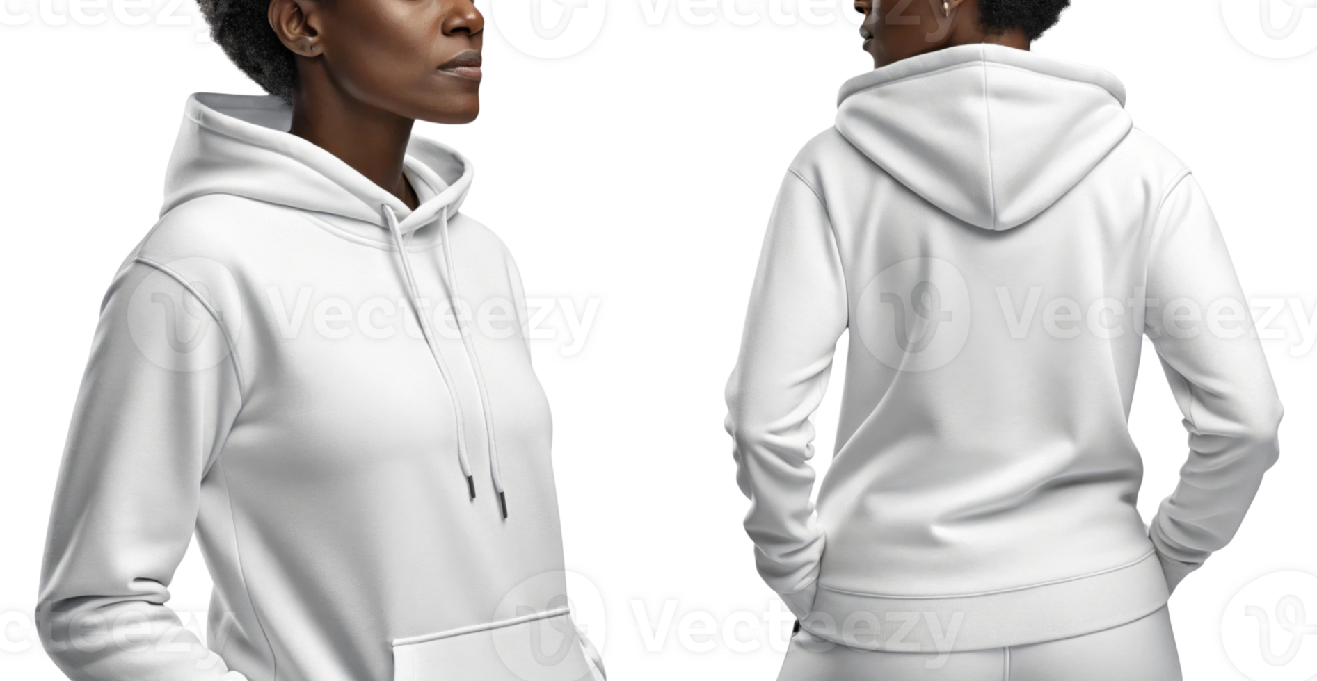 woman wearing white hoodie from back and side view, showcasing casual style png