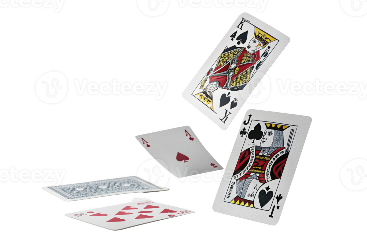 Playing cards falling on table, featuring hearts and spades suits, creating dynamic scene png