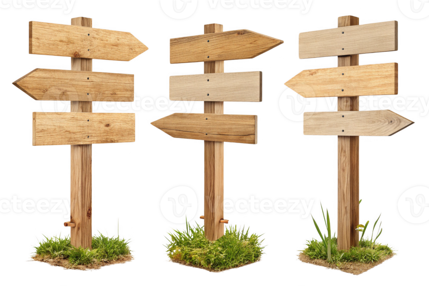 Wooden signposts with blank arrows on grassy base, ideal for direction png