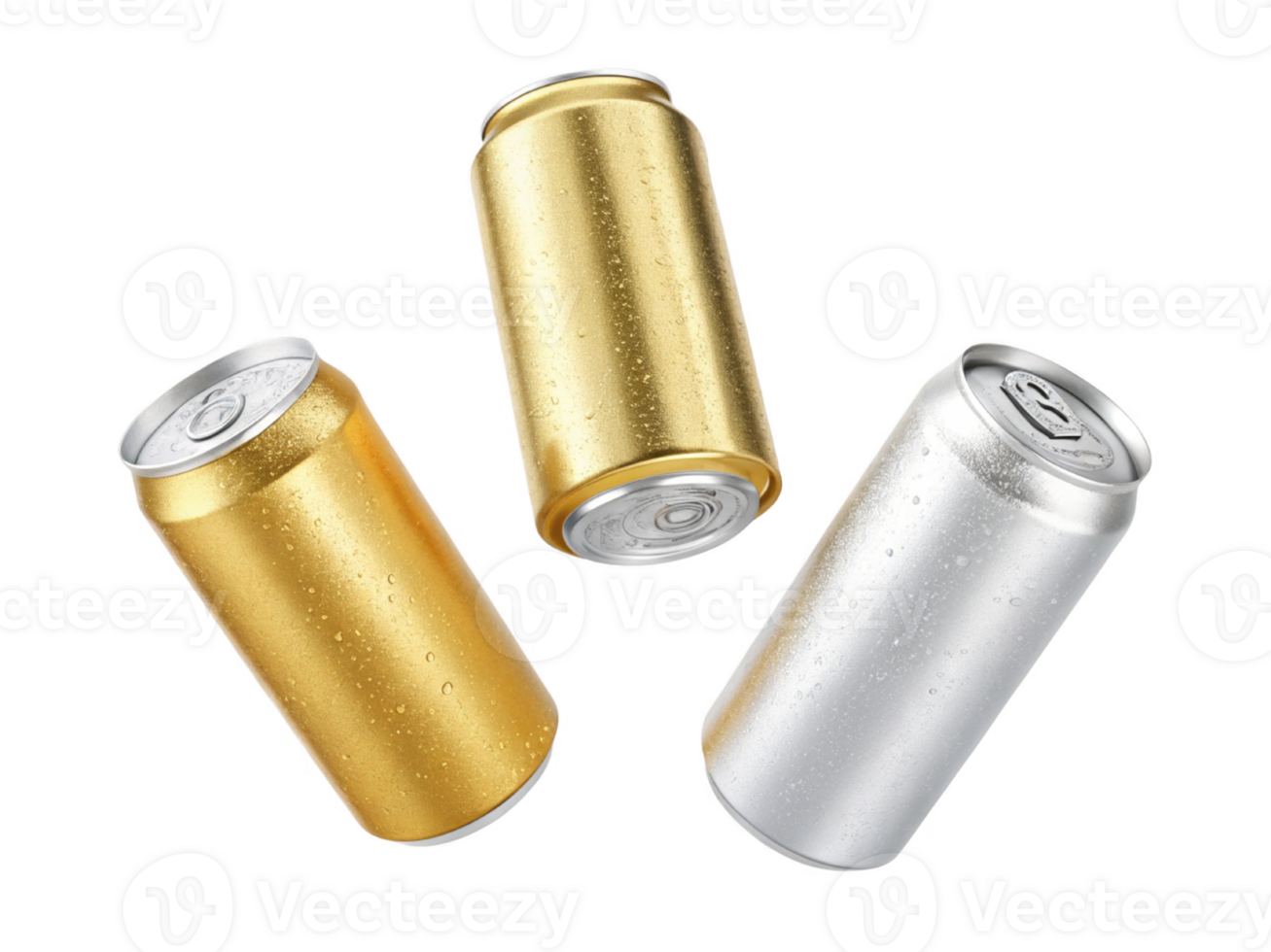 Golden and silver beverage cans with condensation, perfect for refreshing drinks png