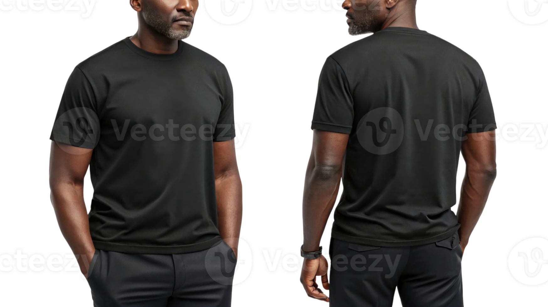 Black t shirt for men, front and back view, casual style, comfortable fit png