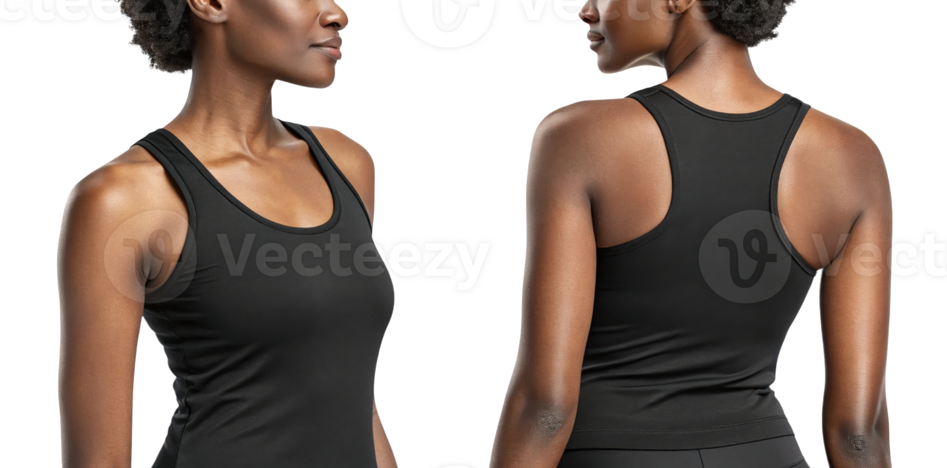 woman wearing black tank top, showcasing both front and back views, exuding confidence and style png