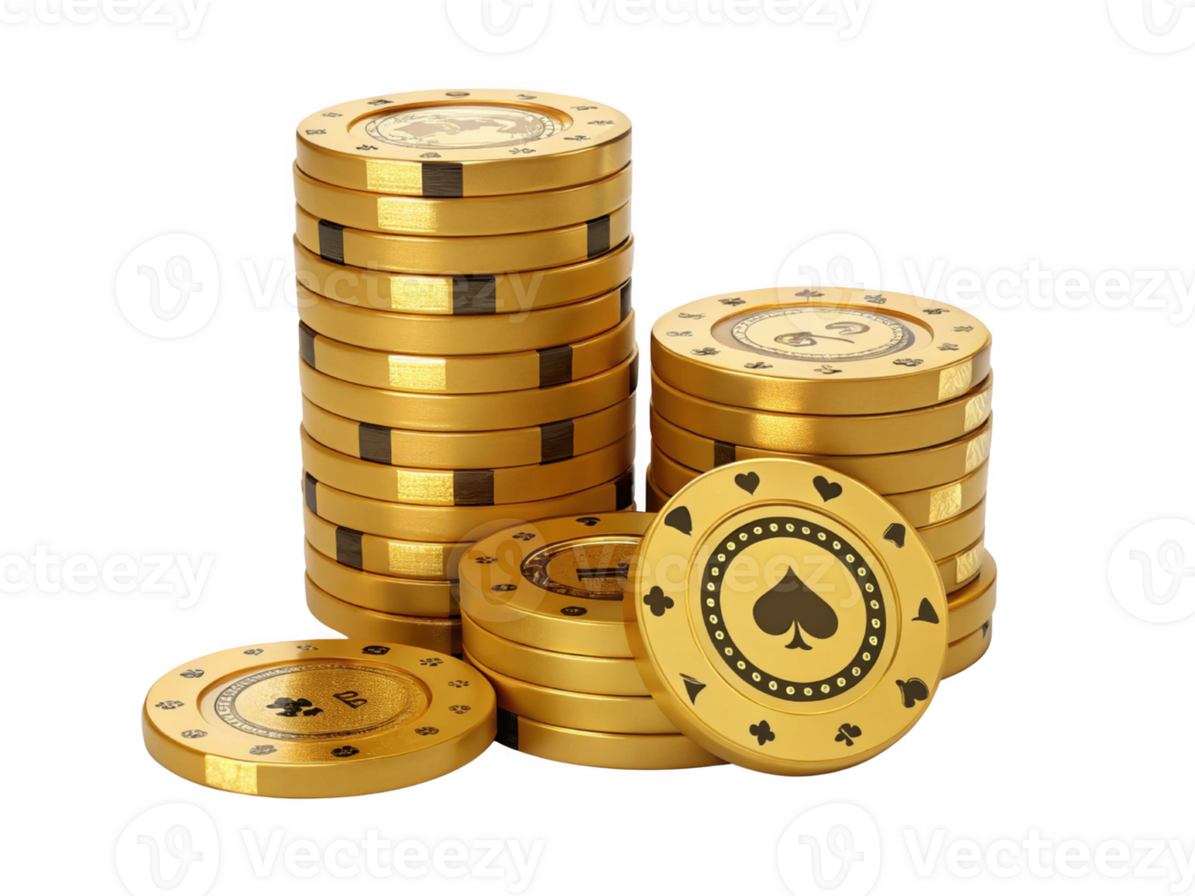 Golden poker chips stacked in casino setting, symbolizing gambling excitement png
