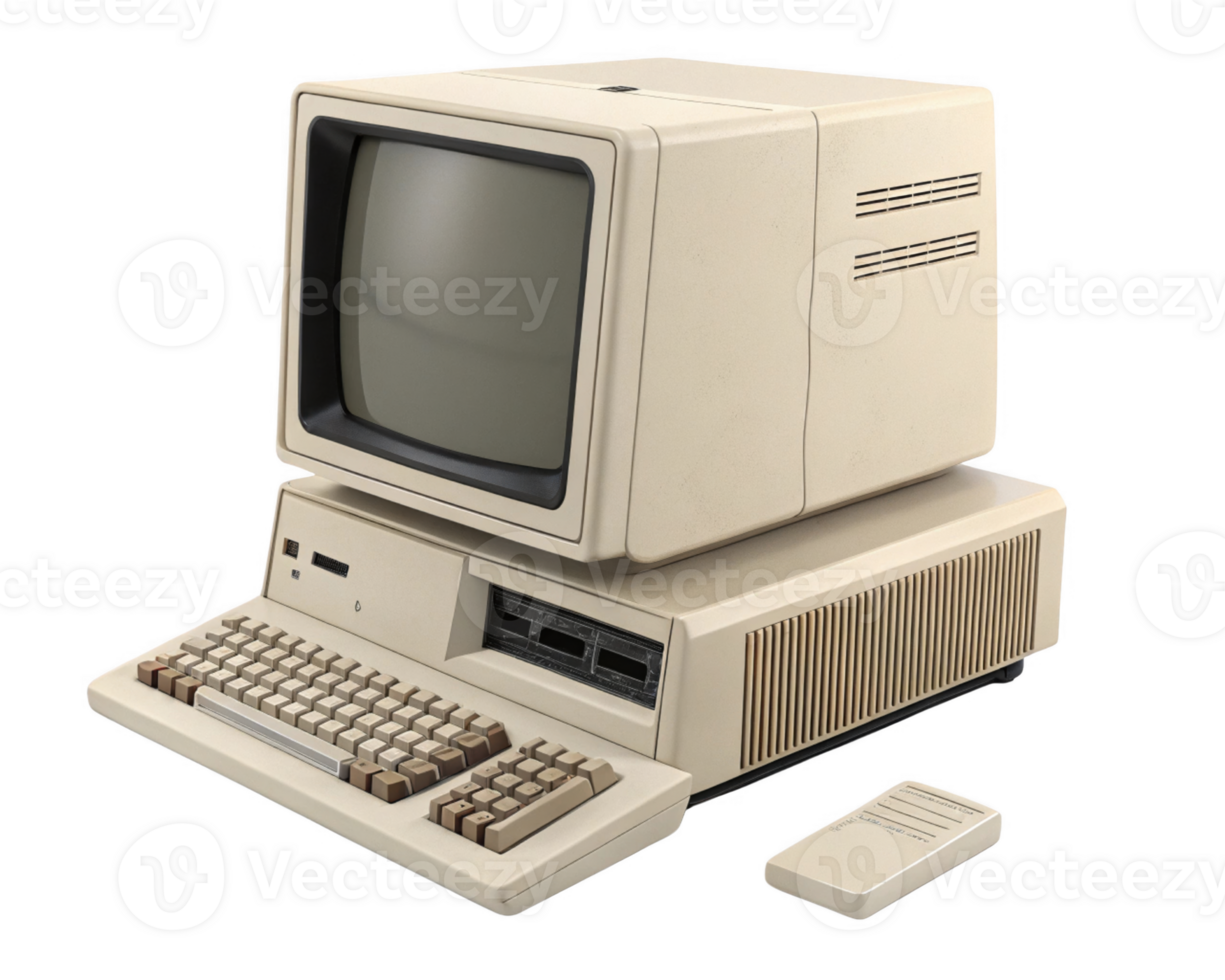 A Vintage computer with monitor and keyboard, showcasing retro technology png