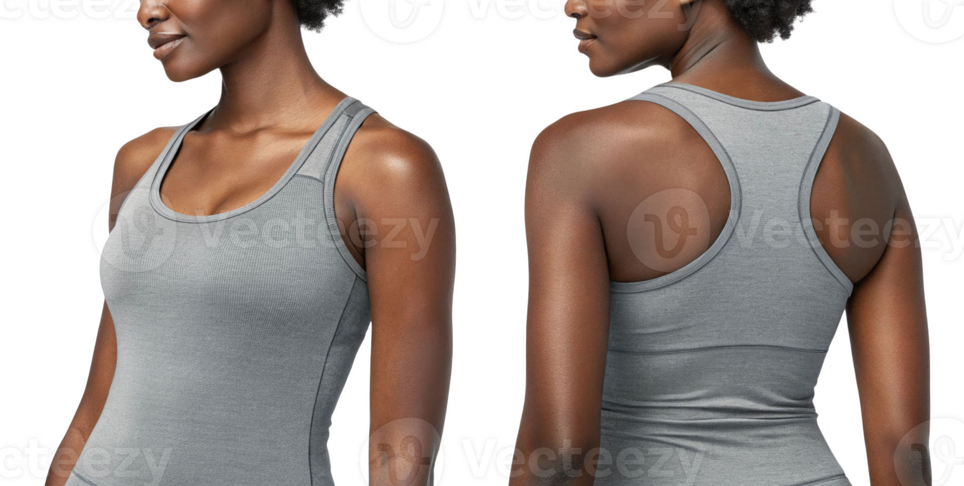woman wearing gray athletic tank top, showcasing both front and back views, exuding confidence and fitness png
