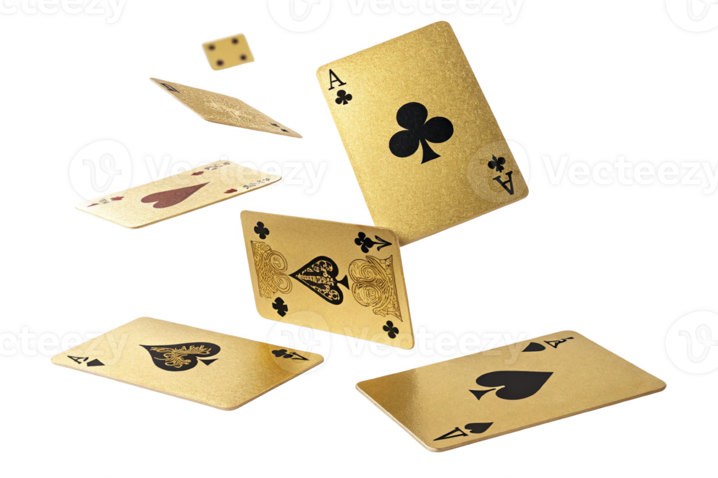 Golden playing cards floating in air, showcasing various designs and suits png