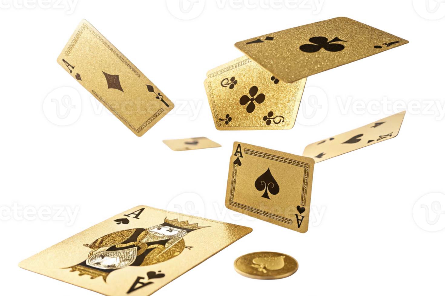 Golden playing cards floating in air, showcasing various suits and designs, creating dynamic and luxurious scene png