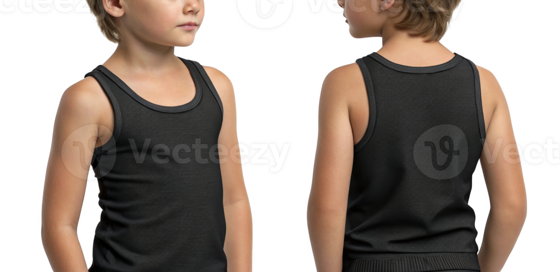 child wearing black tank top, showcasing front and back views, exuding casual style png