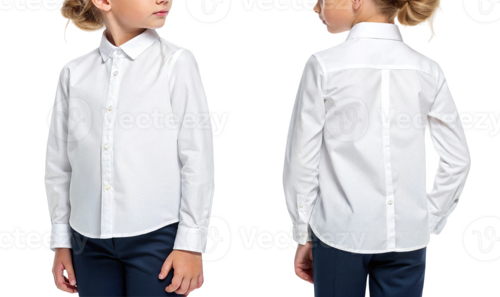 child wearing white long sleeve shirt, front and back view, showcasing classic style png