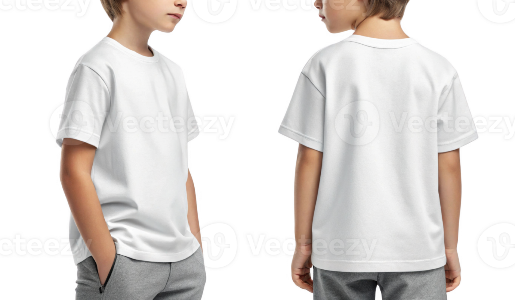 plain white t shirt displayed on young boy from front and back, showcasing its simple design and fit png