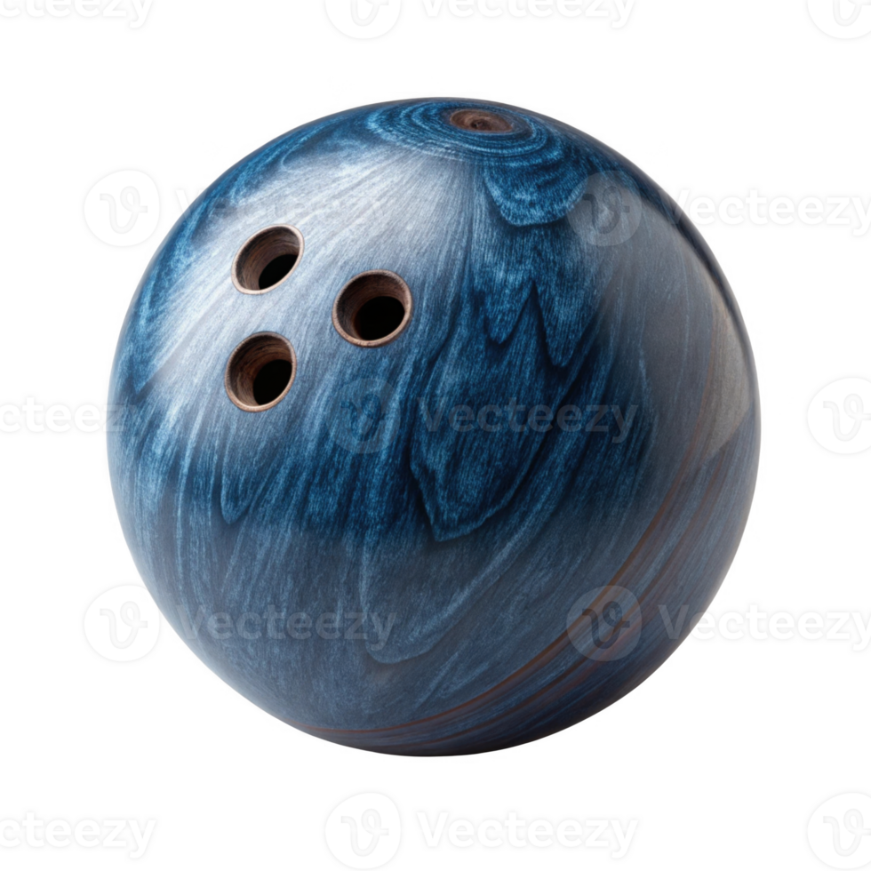 blue bowling ball with three finger holes, showcasing glossy finish and unique swirl patterns png