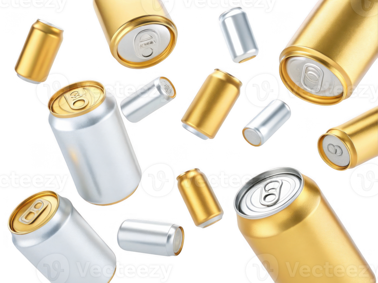 Falling aluminum cans in gold and silver colors create dynamic scene png