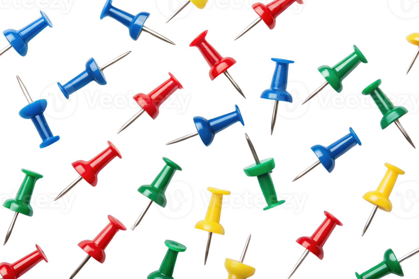 Colorful push pins scattered on transparency background, ideal for organization png