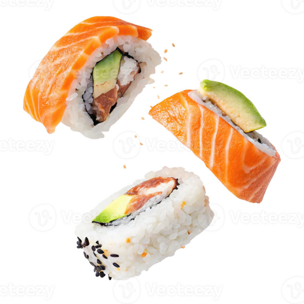 Sushi rolls with salmon, avocado, and rice, showcasing vibrant colors and textures png
