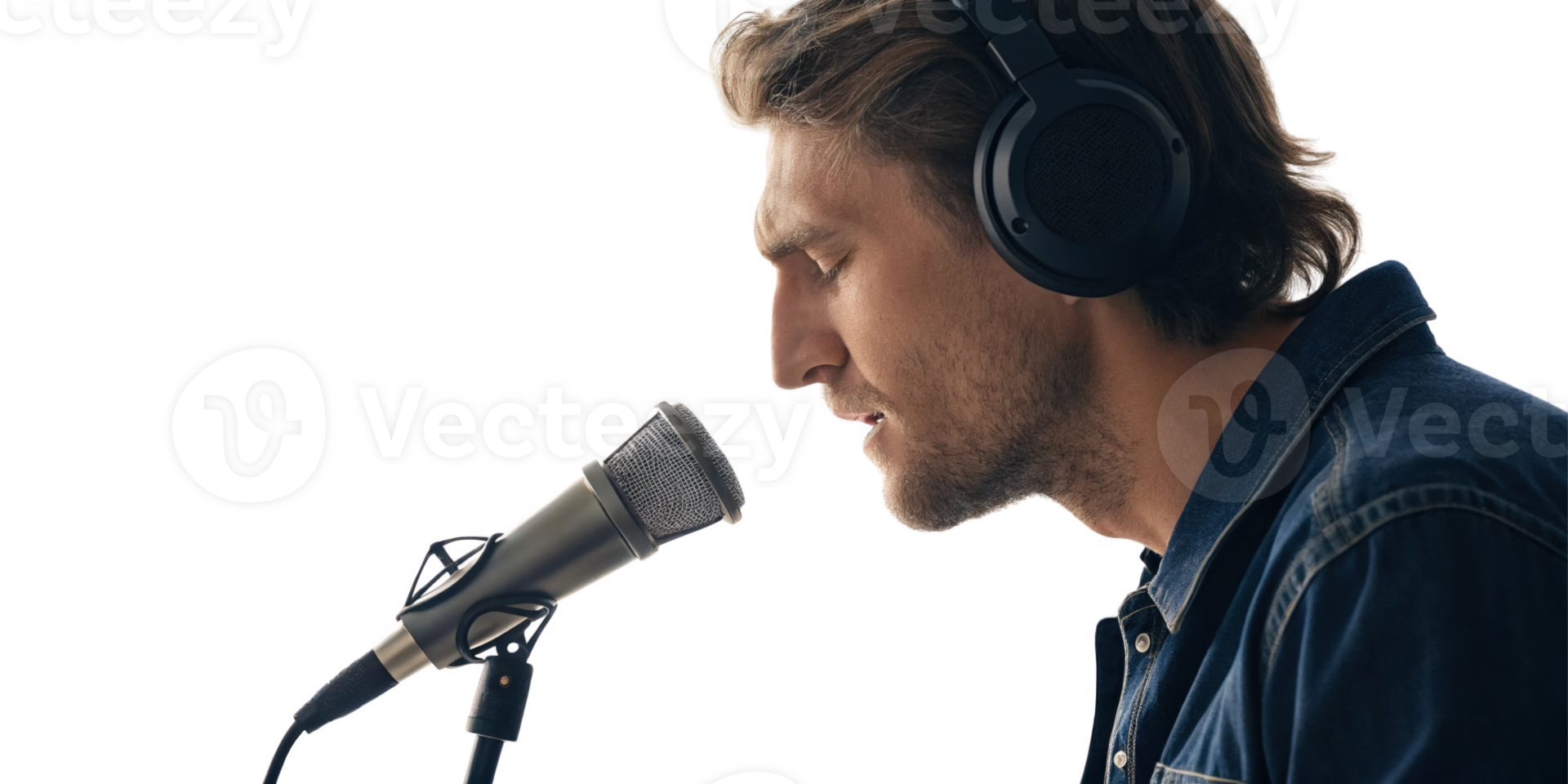 Singing man with headphones at microphone, expressing passion for music png