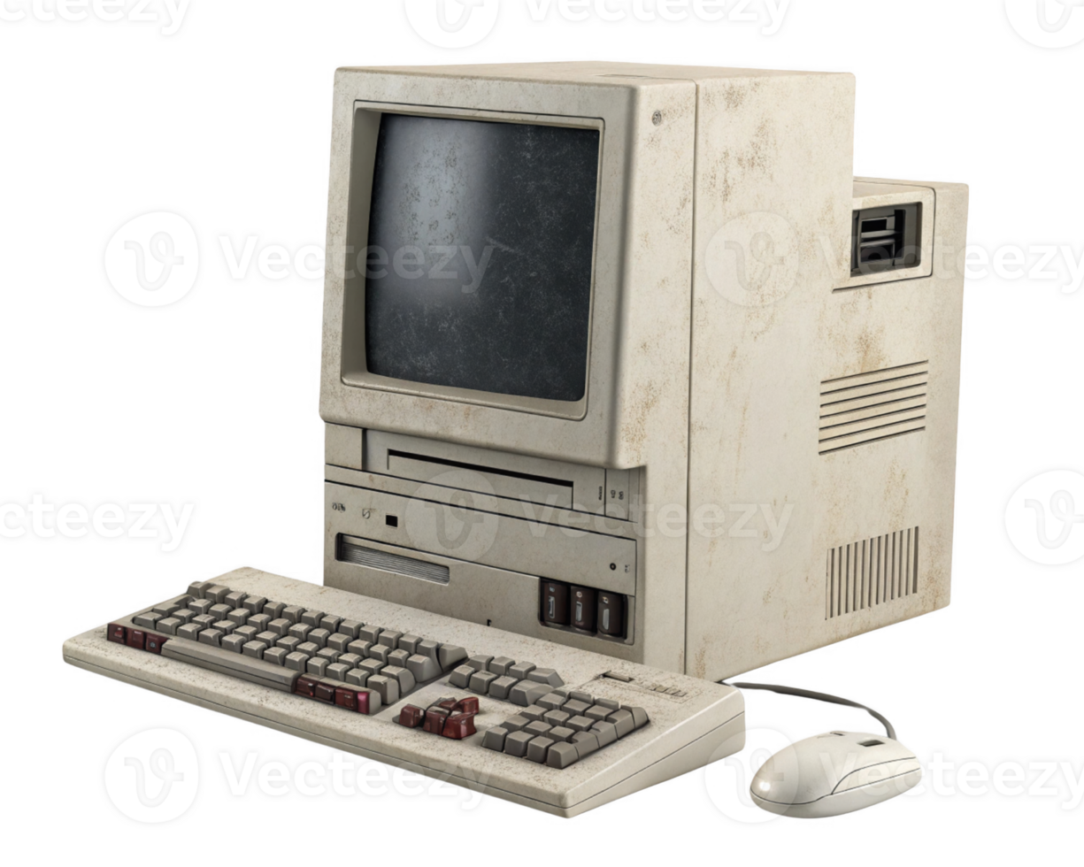 Vintage computer with keyboard and mouse, showing wear and tear png