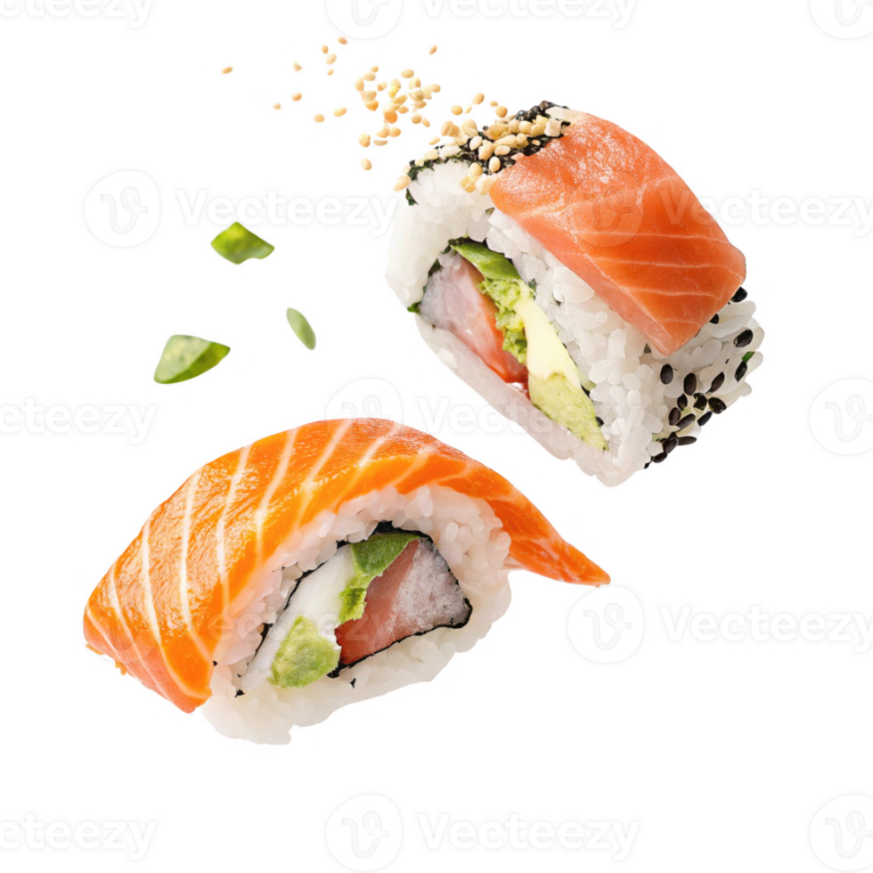 Fresh sushi rolls with salmon and avocado, garnished with sesame seeds and wasabi png