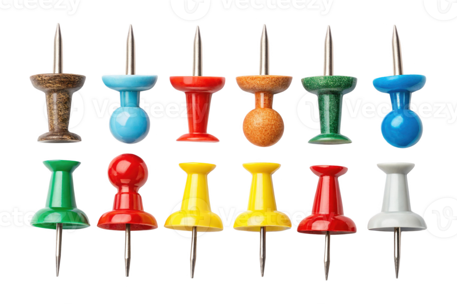 Colorful push pins arranged in grid, showcasing various colors and styles. Perfect for organizing notes and reminders png